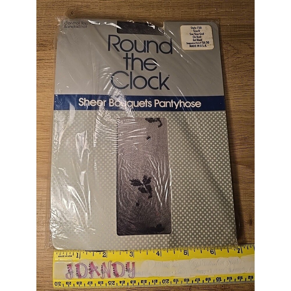 Round the Clock Pantyhose Control Top Black SHEER BOUQUETS 720 SIZE B VINTAGE